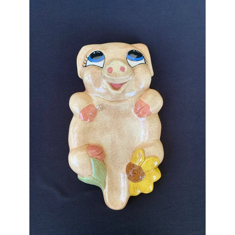 Vintage Anthropomorphic Pig Spoon Rest Flowers Big Eyes Smiling